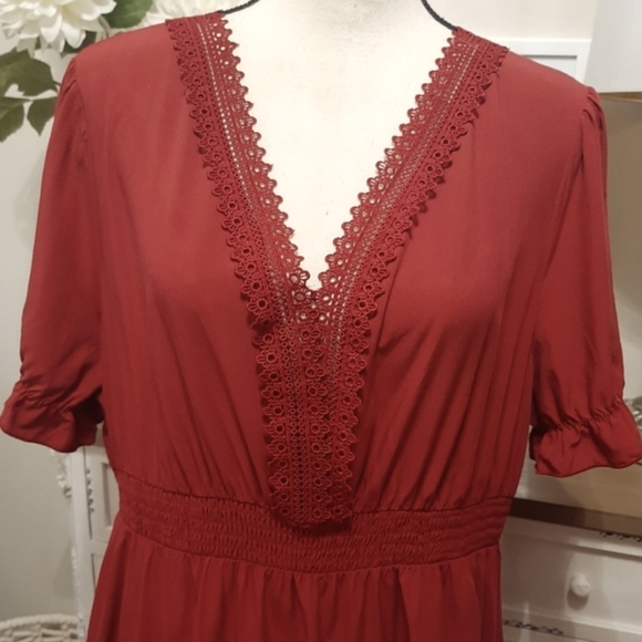 NWT Allegra K V-Neck Smocked Elastic Waist Boho Crochet Lace Trim Mini Dress - Picture 8 of 10